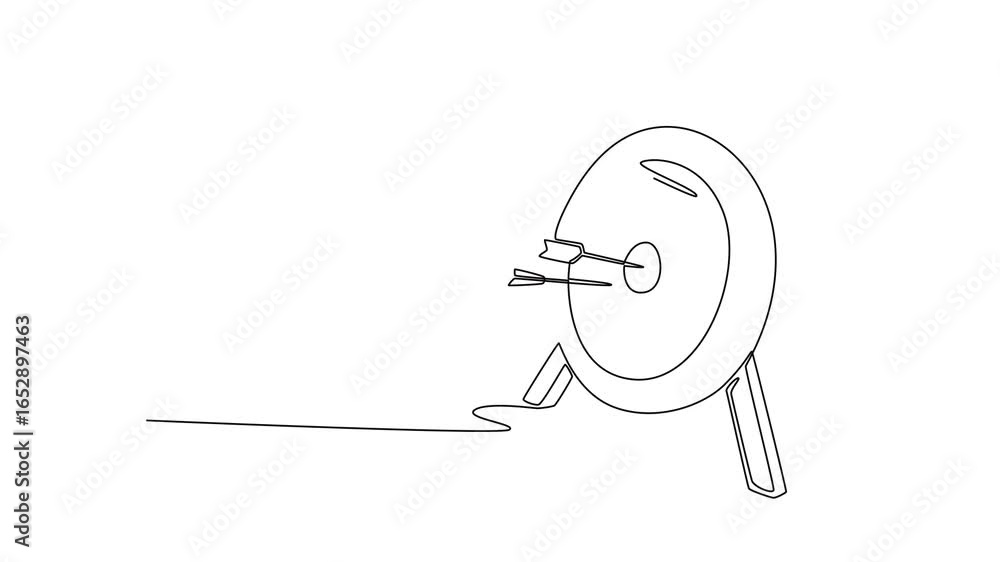 Poster self drawing animation of single line draw archery target with two arrows hitting center rings at fi
