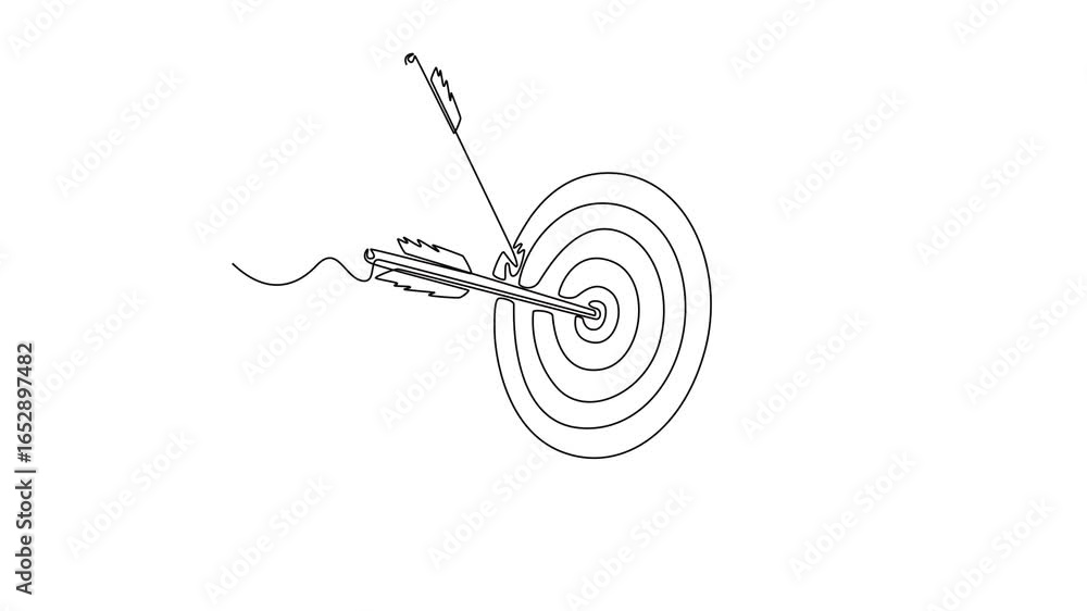 Poster self drawing animation of single line draw archery target with two arrows hitting mark and one arrow