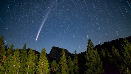 Long luminous Perseid meteor over evergreen forest beneath a crystal clear star field during peak August shower