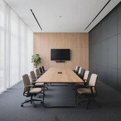 Modern conference room with a long wooden table, chairs, and a mounted screen