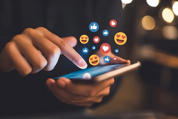 Person s finger interacting with social media icons floating above a smartphone screen