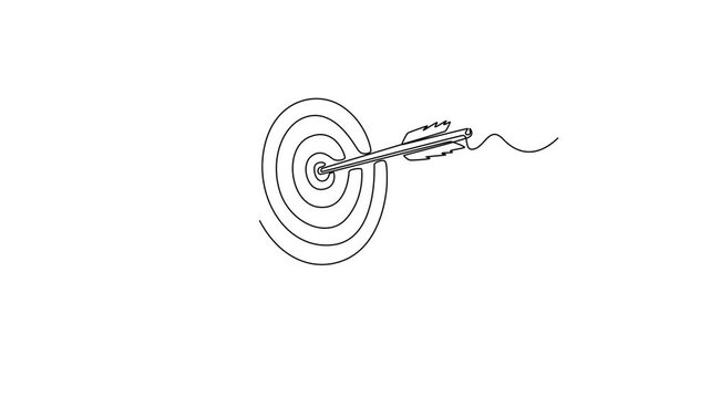 Self drawing animation of single line draw a target with one arrow, symbolizing the pursuit of goals, precision in business, and focused strategic execution. Continuous line draw. Full length animated