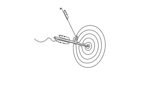 Self drawing animation of single line draw archery target with two arrows hitting mark and one arrow on ground. Symbolizing hitting goal and importance of aiming. Continuous line. Full length animated