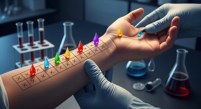 Allergy Skin Test Prick Method with Colorful Indicators on Forearm | Medical Diagnostic Procedure for Sensitivity Analysis and Healthcare Marketing