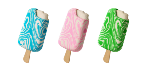 Swirl candy glazed vanilla ice cream bar on stick transparent PNG cutout set bundle, isolated background. Bright blue, pink, green color flavor cue