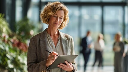 Confident Professional Woman Working with Digital Device in Stylish Indoor Office Setting