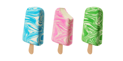 Swirl candy glazed vanilla ice cream bar on stick transparent PNG cutout set bundle, isolated background. Bright blue, pink, green color flavor cue