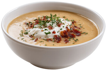 Creamy, light-tan soup in a white bowl, topped with a dollop of sour cream, crispy bacon bits, and fresh herbs