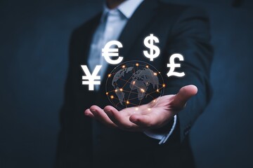 Businessman holding global currency symbols and digital network in his palm representing financial technology and international trade