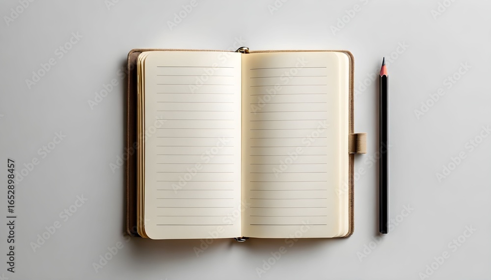 Poster an open notebook with blank lined pages and a pencil resting beside it, ready for writing.
