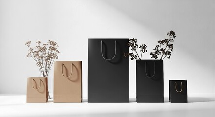Assorted Shopping Bags with Dried Flower Arrangements | Minimalist Branding Mockup for Retail, Packaging Design, and E-commerce