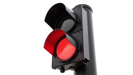 Red traffic light signaling stop urban setting safety transportation signaling device illuminated vertical warning public infrastructure