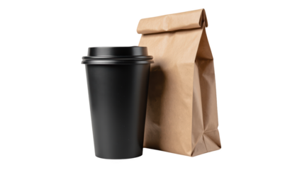 Black coffee cup next to brown paper bag creates cozy and inviting scene, perfect for quick snack or breakfast on go