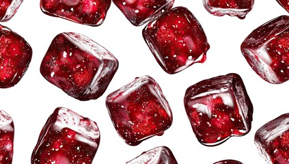 Red cubes, glossy and sweet, suspended