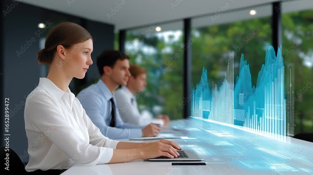 Poster professional woman engaged in data analysis at a modern workspace, with colleagues focused on digita