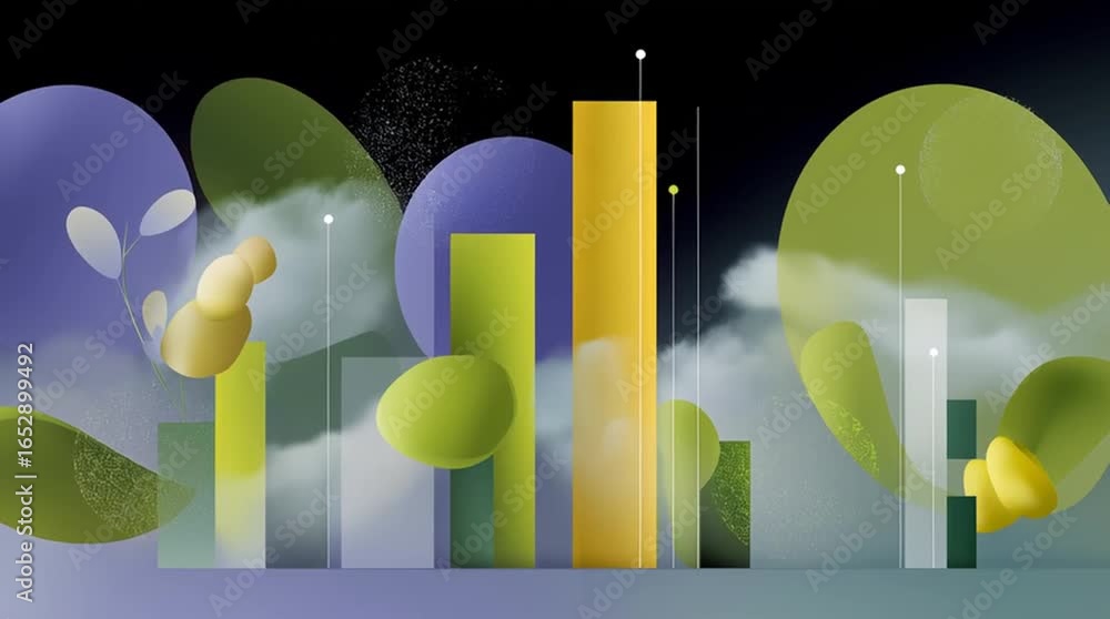 Poster abstract illustration showcasing vibrant geometric shapes and soft organic forms, transitioning thro