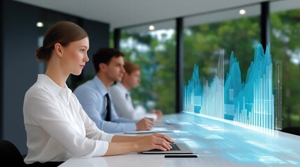 Professional woman engaged in data analysis at a modern workspace, with colleagues focused on digital graphs and analytics displayed on a futuristic interface - Powered by Adobe