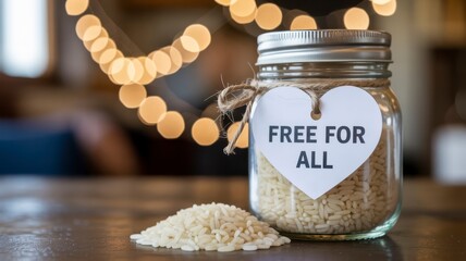 community pantry project A jar of rice labeled "FREE FOR ALL" with scattered grains on a wooden surface.