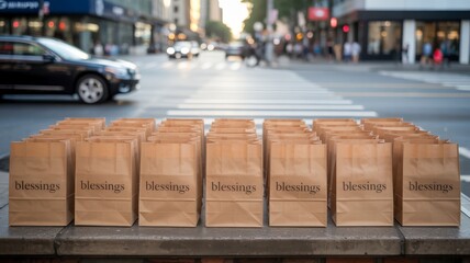 community pantry project A row of brown paper bags labeled "blessings" is displayed on a city sidewalk, with traffic in the background.