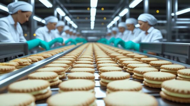 Factory Workers Producing Cookies Conveyor Belt Food Industry Bakery Line Uniforms Green Gloves Fresh Treats