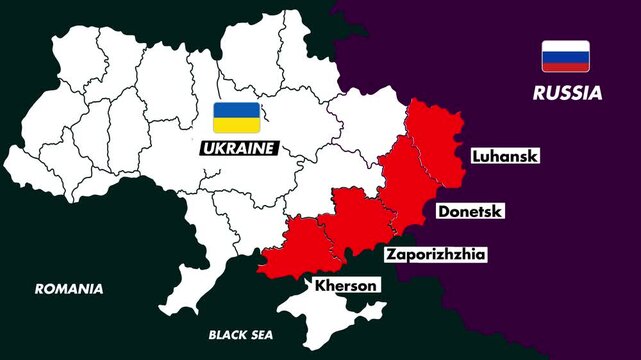 4K Map Animation of Ukraine and Russia conflict with national flags, smoothly pulsing disputed regions Luhansk Donetsk Zaporizhzhia Kherson