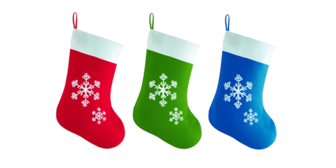 Christmas Eve gift stocking sock green, blue, red PNG set, cutout isolated on transparent background. Winter holiday season decoration with snowflakes graphic resource