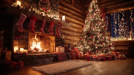 Fototapeta premium Festive Home Interior Featuring Christmas Lights, Wreath, and Gift Boxes