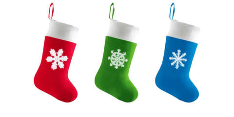 Christmas Eve gift stocking sock green, blue, red PNG set, cutout isolated on transparent background. Winter holiday season decoration with snowflakes graphic resource
