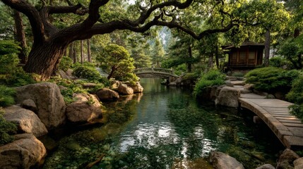 Tranquil japanese garden with a stone bridge arching over a calm stream surrounded by lush greenery and ancient trees
