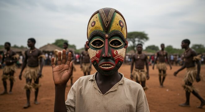 African boy wearing traditional mask during cultural festival celebration  