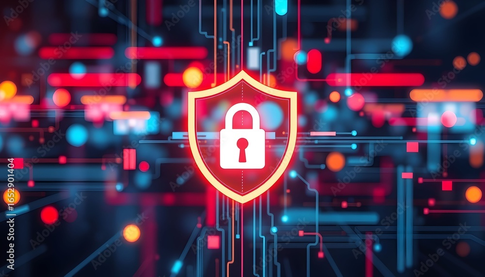 Poster a glowing shield icon with a lock symbol, set against a complex network of digital lines and pattern