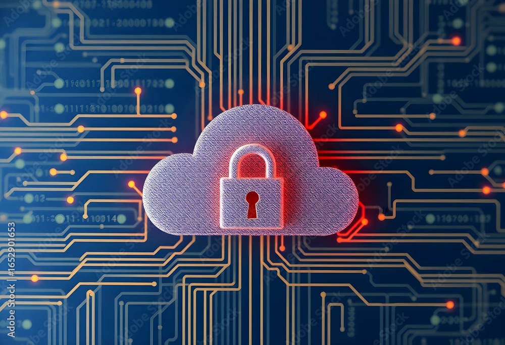 Aufkleber cloud computing security concept: a padlock secures a cloud icon against a circuit board background.