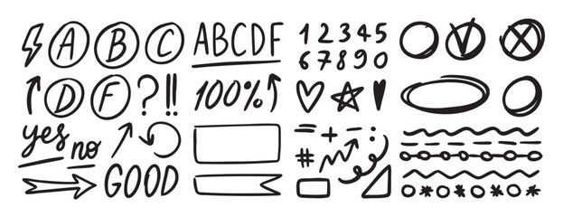 Grading hand drawn doodle set elements for school. Knowledge testing marks. grades results, frame accent line, plus and minus signs, check mark and cross mark, underlines, arrows. 