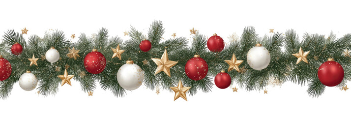 Christmas garland with greenery, ornaments, and stars