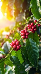 Coffee cherries on a branch, vibrant sunlight