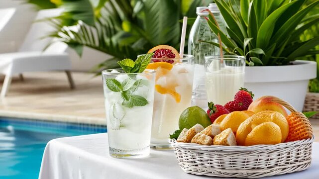 Refreshing poolside drinks and tropical fruits by the water