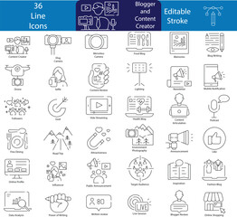 Modern set of 36 editable line vector icons for bloggers and content creators, featuring vlogging, podcasting, reviews, social media, and lifestyle themes, Editable Stroke.