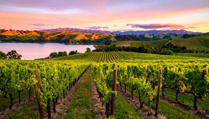 Naklejka premium Vineyard landscape at sunset