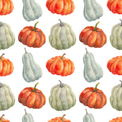 Seamless pattern of various pumpkins. Natural food ingredient. Watercolor illustration of vegetables, hand drawn, isolated. Background for fabric, textile. Autumn theme for Halloween, Thanksgiving