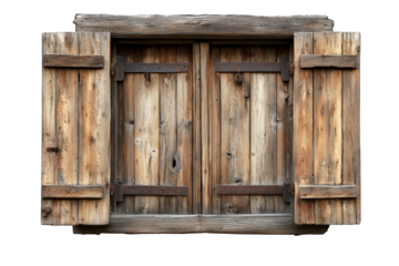 Weathered wooden window with open shutters isolated on transparent background