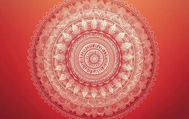 Intricate mandala design in red and white hues on a gradient background.