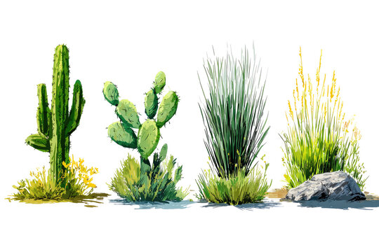 Desert plants in a row. Various cacti and grasses. Vibrant greens and yellows. Simple graphic style. Rocky ground - Powered by Adobe