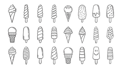  ice cream doodle hand drawn icon set. Outline drawing ice cream line clipart symbol collection