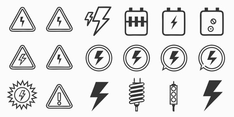 Fototapeta premium Collection of electrical hazard symbols including lightning bolts and warning signs in black and white design