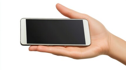 Woman's Hand Holding a White Smartphone with Blank Screen Against White Background