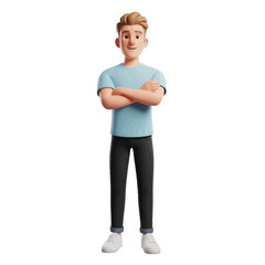 Fototapeta premium Confident young man, 3D cartoon character, arms crossed, casual attire.