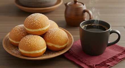 "木のテーブルの上のコンゴ風ベニエとコーヒー"