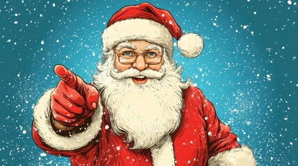 Cheerful Santa Claus Pointing Against Snowy Blue Background