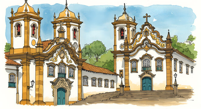Watercolor Detailed Church Facade in Ouro Preto Minas Gerais Illustration