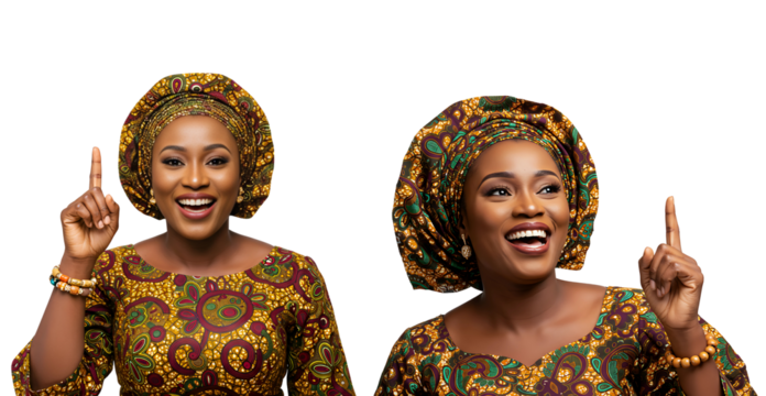 Young African Woman in Traditional Clothing, Smiling and Pointing Upwards with Her Index Finger, isolated on transparent cutout background, cut out, png